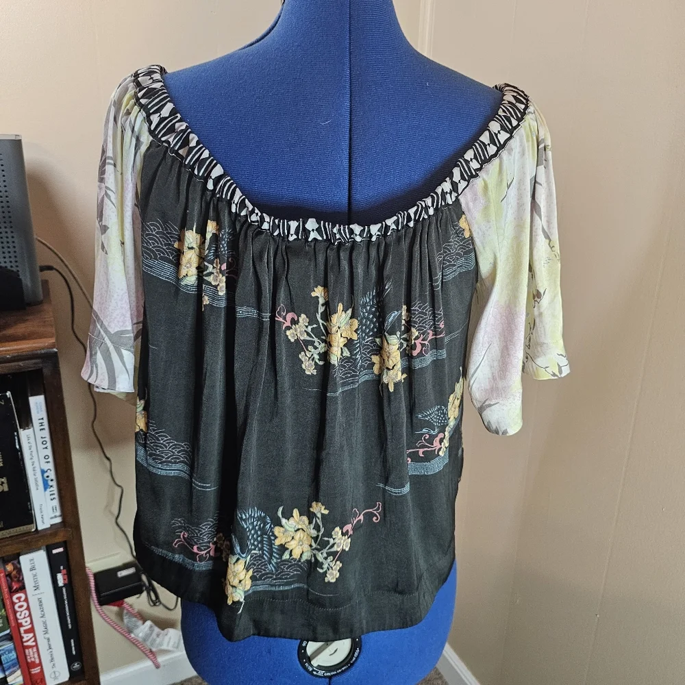 Free People Medium Babydoll Top Floral Koel Satin Off The Shoulder Flowy